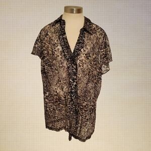 Sheer Animal Print Tunic Blouse Deep V Ruffle Dress Barn XL